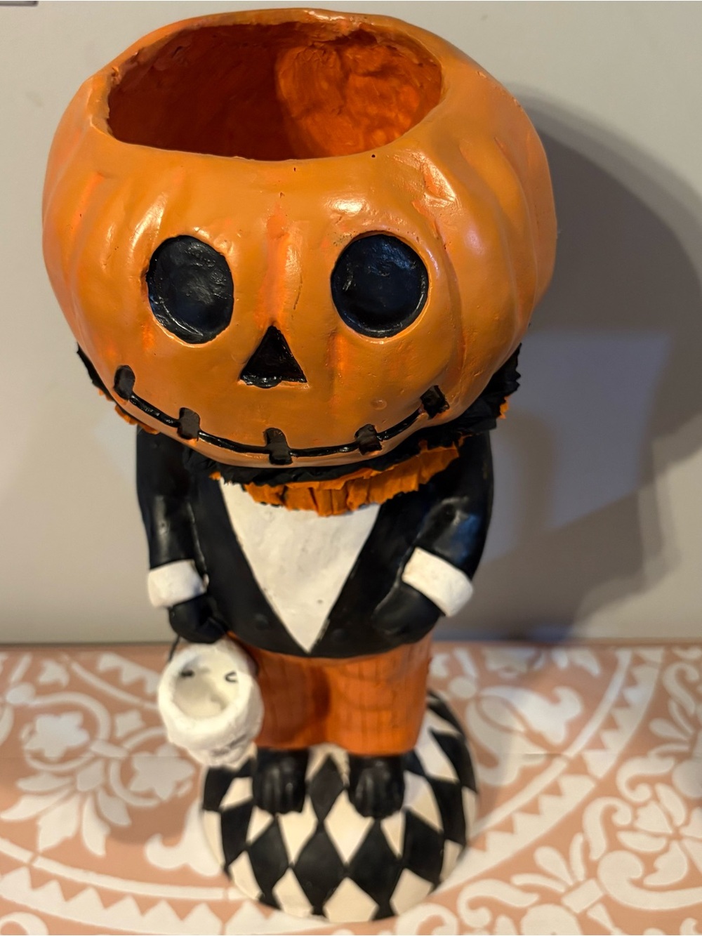 Orange Pumpkin Head Figurine Fall Candy Holder by